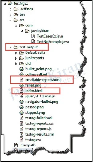 test-output folder in current TestNG project navigator