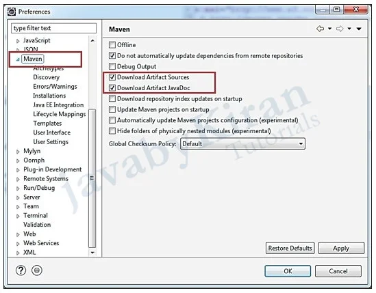 configuring maven download source and javadoc