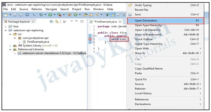 to view source of webdriver in selenium right-click on web driver and select open declaration