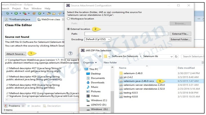 To view source of webdriver in selenium go to attach source and then add external location of source file