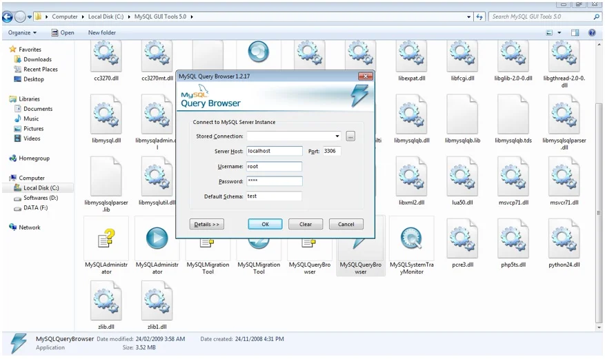 Enter credentials in MySQL Query Browser and click on Ok