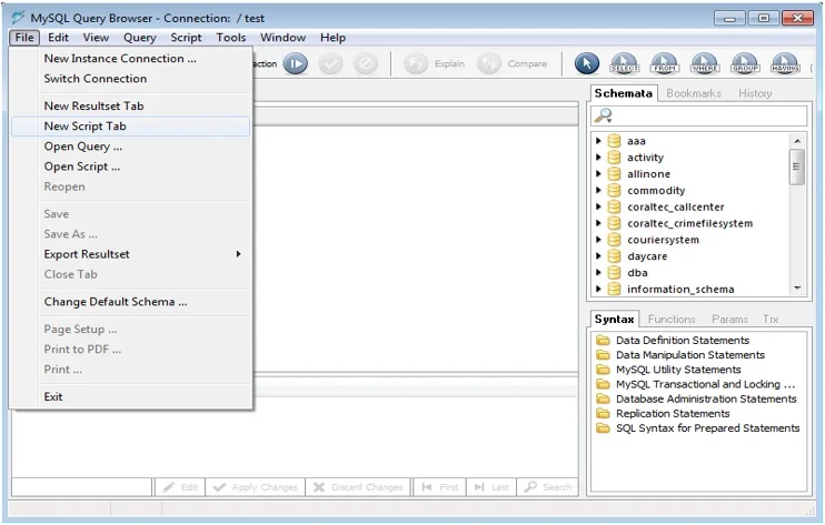 In MySQL Query Browser, Go to File and click New Script Tab