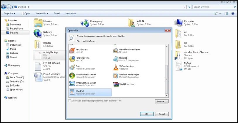 Open Database Backup file which we have saved on Desktop with WordPad