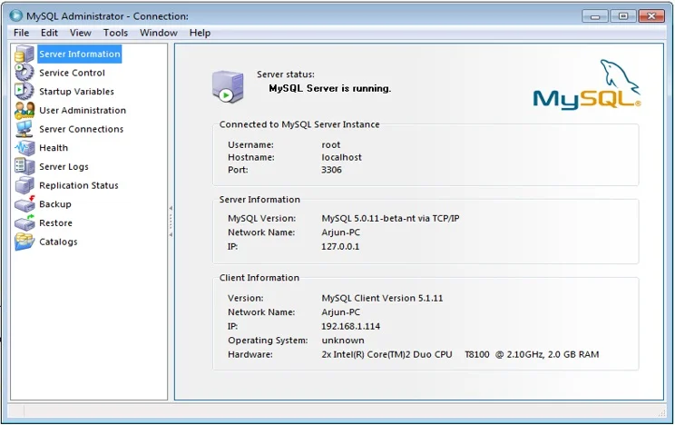 MySQL Administrator Server Information