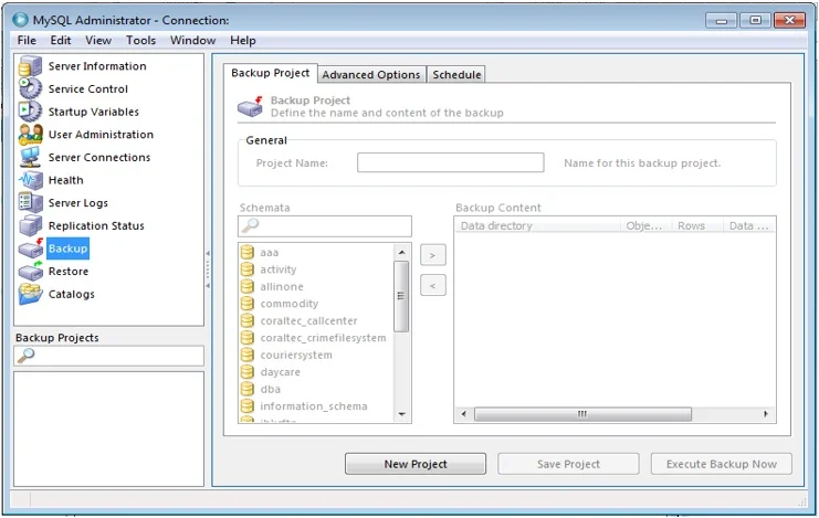 Click on Backup in MySQL Administrator