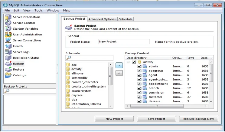 Now Click on New Project and select Database which you want to backup