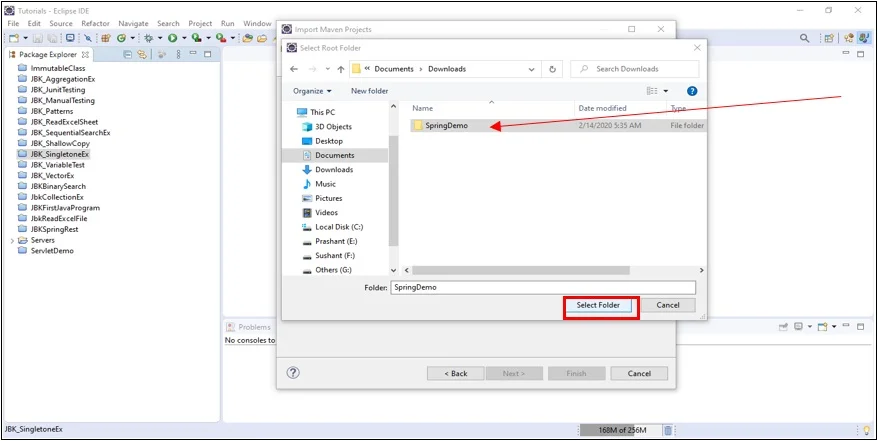 Browse the Spring Project and select the project folder to Import in Eclipse