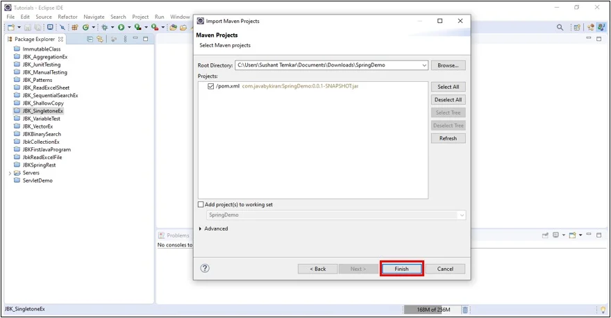 After selecting Spring Project to Import in Eclipse click on Finish