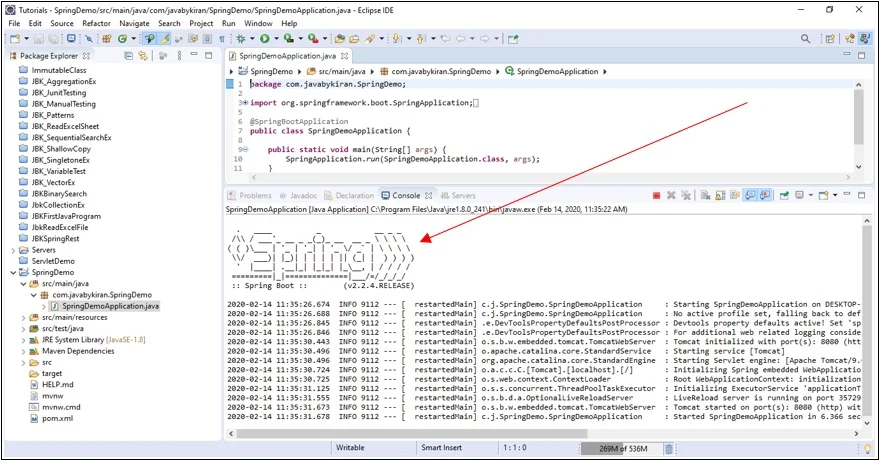 On Console we can see image of the Spring which means that our Spring Boot project is successfully imported and running