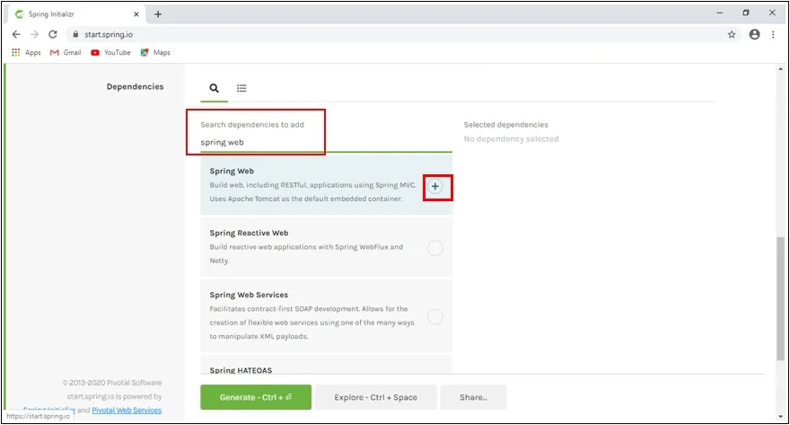 Add Dependencies by search option given on Spring Initializr Page