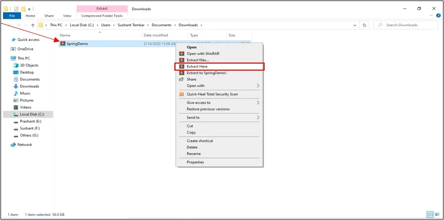 Right-click on zip file of Spring Project and select Extract Here option