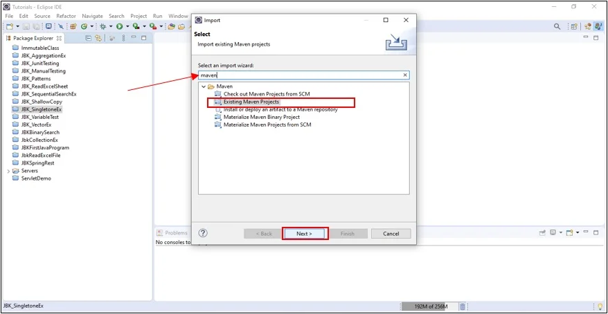 In Import window in Eclipse, search Maven and choose Existing Maven Projects and click on Next